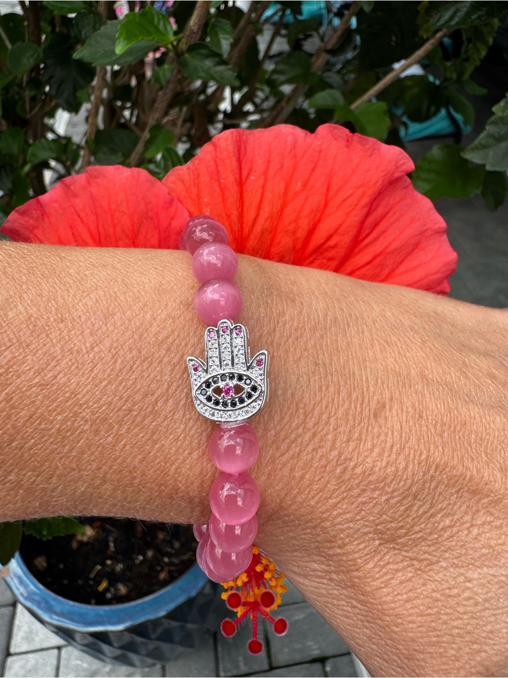 Pink Beaded Hamsa Hand Bracelet - Unbranded